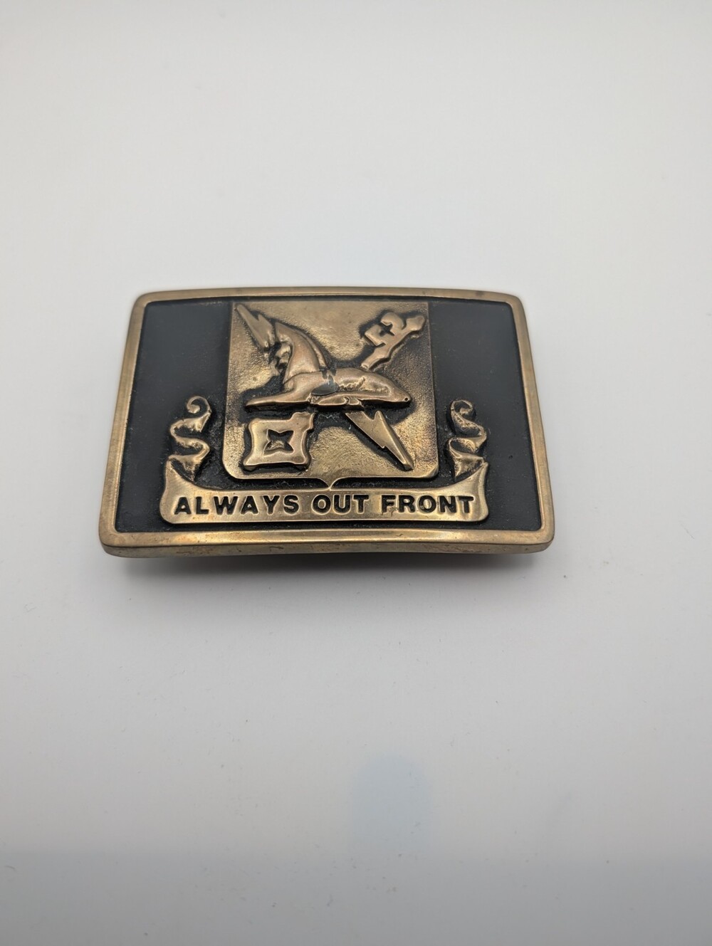 Anacortes US Army Military Intelligence Corps Always Out Front Brass Belt Buckle